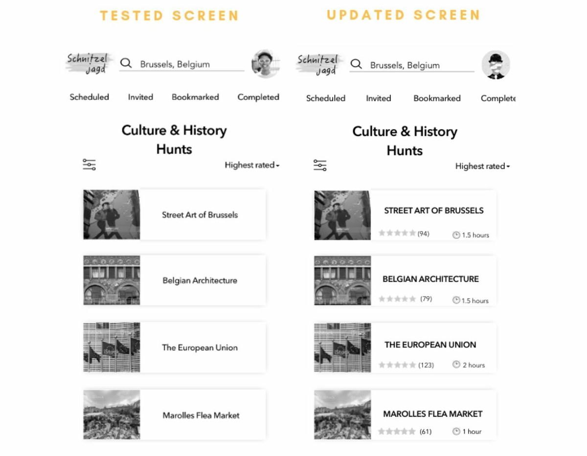 Hunt list before and after screens